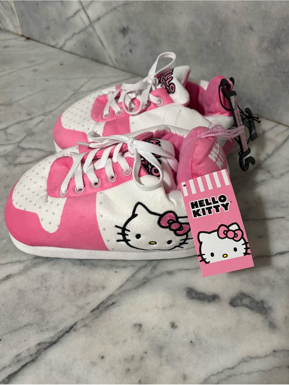 Hello Kitty Pink and White Kids Plush Lace-Up Slippers Sz 2-3